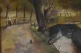 Children fishing at dusk by Malcolm R. Gleeson, watercolour, offered Jun 2023