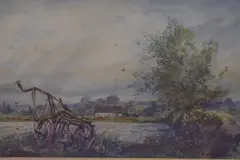 Agricultural scene with abandoned tiller by Cecil J Thornton, watercolour, offered Jun 2023