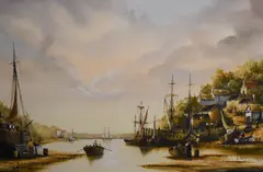 19th century estuary scene with various boats by Ken Hammond, oil on canvas, offered Jun 2023