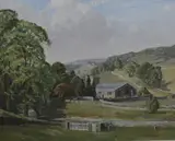 Hubberholme Church' (Skipton) signed lower right, within a material mounted frame, 39cm x 49cm & 51cm x 61cm overall by Claude Horsfall, oil on board, offered Jun 2023