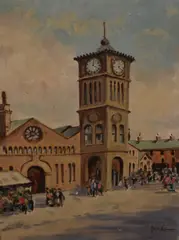 The Clock Tower, King William Street (Market Place) Blackburn by James Brindle, oil on board, offered Jun 2023