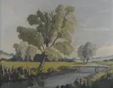 Rural river scene by Charles G. Johnson, oil on board, offered Jun 2023
