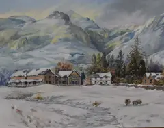 Lakeland winter scene, with buildings and sheep by Norma M Ost, acrylic on board, sold Jun 2023