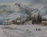 Lakeland winter scene, with buildings and sheep by Norma M Ost, acrylic on board, sold Jun 2023