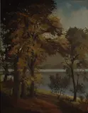 Autumnal woodland and river by David Walsey, oil on canvas, offered Jun 2023