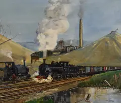 The Coal Train' an LNER steamtrain within a colliery setting by Douglas V Hugonin, 1980, oil on board, sold Jun 2023