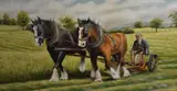 Agricultural ploughing scene with two heavy horses by O.E Pugh, oil on canvas, offered Jun 2023