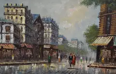 Parisian street scene, unframed, 51cm x 76cm overall by T Casson, oil on canvas, offered Jun 2023
