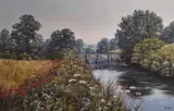 Rural landscape with poppies aside a river and bridge by Deborah Poynton, oil, offered Jun 2023
