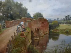 River scene with sandstone bridge and boys by Sidney Currie, oil on canvas, offered May 2023