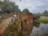 River scene with sandstone bridge and boys by Sidney Currie, oil on canvas, offered May 2023