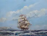 Depicting a masted ship at sea by G H Macarthy, oil on board, offered May 2023
