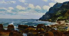 Coastal scene with figures by Edgar Longstaffe, oil on canvas, offered May 2023