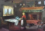 19th century interior scene with child by Charles G. Hards, 1948, oil on canvas, offered May 2023