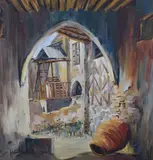Old House Kythrea' a view through an archway by Armand Josephin, oil on board, offered May 2023