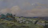 Droving sheep within a moorland landscape by Charles James Adams, watercolour, offered May 2023