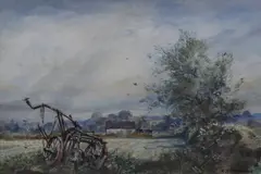 Agricultural scene with abandoned tiller by Cecil J Thornton, watercolour, offered May 2023
