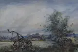 Agricultural scene with abandoned tiller by Cecil J Thornton, watercolour, offered May 2023