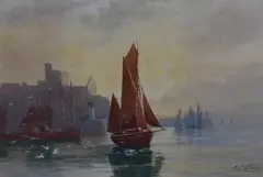 Unloading at the dockside by E.L Quaille, watercolor, sold May 2023