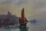 Unloading at the dockside by E.L Quaille, watercolor, sold May 2023