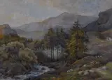 Sheep within a mountainous landscape with by Charles James Adams, watercolour, offered May 2023