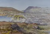 A view of a seaside town from an elevated by Tris Burton, watercolour, offered May 2023