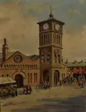 The Clock Tower, King William Street (Market Place) Blackburn by James Brindle, oil on board, offered May 2023