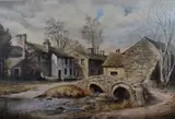 Autumnal hamlet with stream and ford by J.G Smith, 1975, oil on canvas, sold May 2023