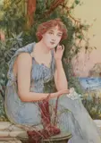 Seated classical maiden within a coastal garden by Oliver Rhys, watercolour, offered May 2023
