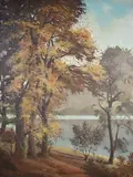 Autumnal woodland and river by David Walsey, oil on canvas, offered May 2023