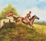Hunting scene with huntsmen and horses jumping by R King, oil on canvas, sold May 2023
