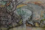 Entitled 'Bridge and Stream near by Gordon E. Cumming, ink and watercolour, offered May 2023