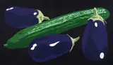 Still life with aubergines and cucumber by Julian Opie, print, sold Oct 2024