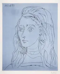 Portrait de Jacqueline by Pablo Picasso, Linocut printed in cream on black, sold Oct 2024