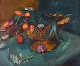 Still life with tulips in a bowl by Matthew Smith, 1932, Oil on canvas, offered Oct 2024
