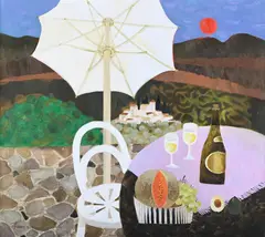 The white umbrella by Mary Fedden, 1995, Oil on canvas, sold Oct 2024