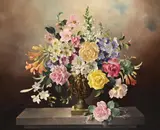 A bouquet of flowers in an urn on a stone ledge by Harold Clayton, Oil on canvas, sold Oct 2024
