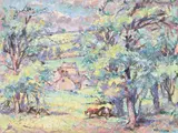 Oxfordshire landscape by Alfred Wolmark, Oil on board, sold Oct 2024