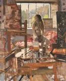 Nude model seated in the artist's studio by Ken Howard, Oil on canvas, sold Oct 2024