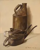 British railway oil cans by Eliot Hodgkin, Oil on canvas laid to board, offered Oct 2024