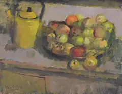 Still life of apples and yellow kettle by Frederick Cuming, Oil on board, offered Oct 2024