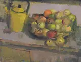 Still life of apples and yellow kettle by Frederick Cuming, Oil on board, offered Oct 2024