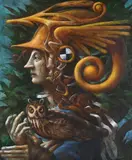 Athena with owl by Paul Storey, 2003, Acrylic on board, sold Oct 2024