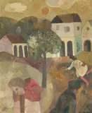 Mystery and melancholy of a street by Gwyneth Johnstone, Oil on board, sold Oct 2024