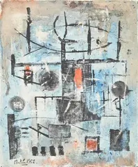 Construction by Martin Bradley, 1952, Watercolour and ink with scratching out, offered Oct 2024