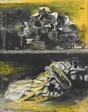 Yellow paper rolls & fallen lift-shaft by Graham Sutherland, 1941, Watercolour, coloured crayon, ink and chalk, sold Oct 2024