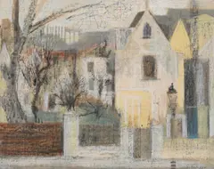 Houses with lamp post by Humphrey Spender, 1946, Watercolour ink and chalk, offered Oct 2024