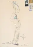 'ascot costumes' viii by Cecil Beaton, Ink, crayon and watercolour with swatches of material, sold Oct 2024