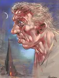Head with moon and church beyond by Peter Howson, Pastel and chalk, sold Oct 2024