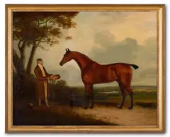A bay hunter with a groom in bretton park yorkshire by Henry Bernard Chalon, Oil on canvas Indistinctly inscribed and dated '1820', sold Oct 2024
